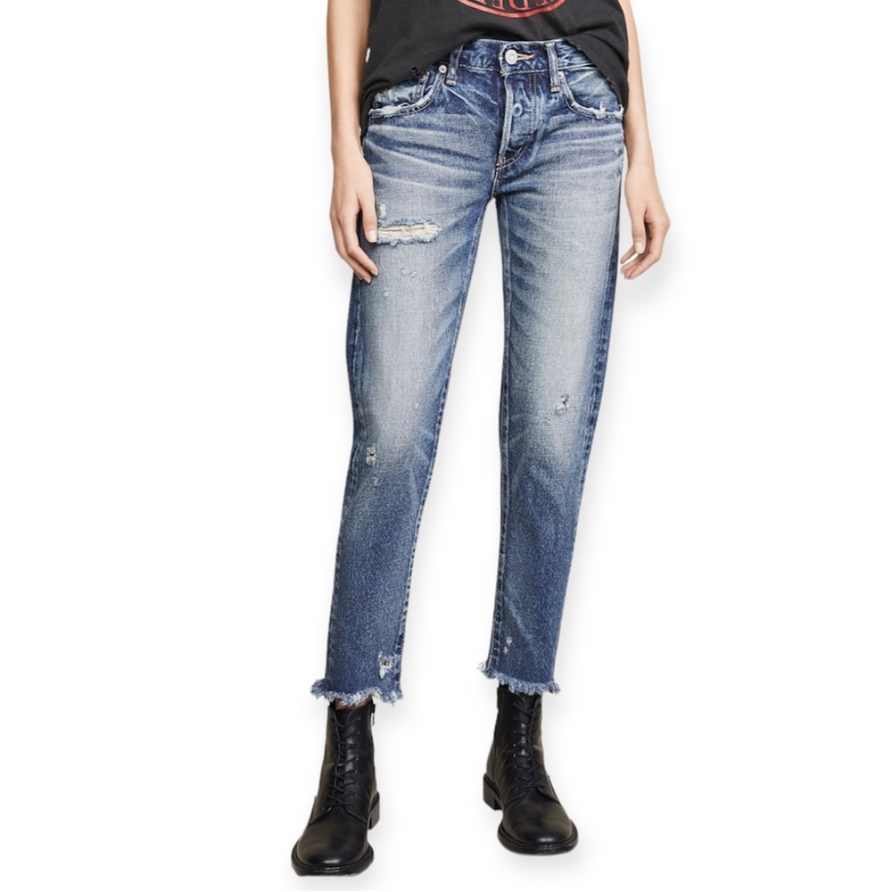 MOUSSY VINTAGE Kelley Tapered Jeans Dark Blue Denim Distressed Raw Hem- …